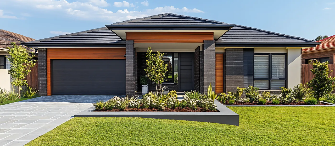 A single-storey Australian brick and timber home with a green front lawn
