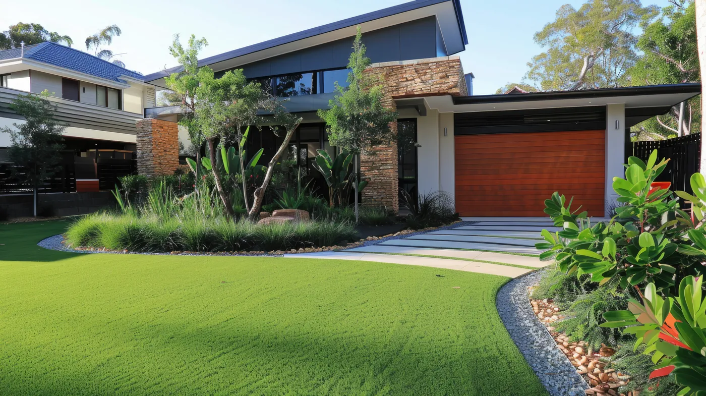 A contemporary Australian home with a timber garage door, native garden and gum trees